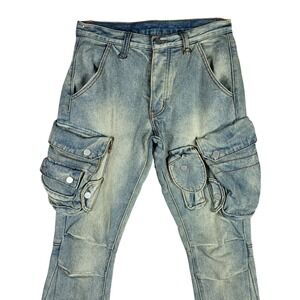 MNML Cargo Jeans Men Sz 28 Stone Wash Multi Pocket M68 Streetwear Utility Denim